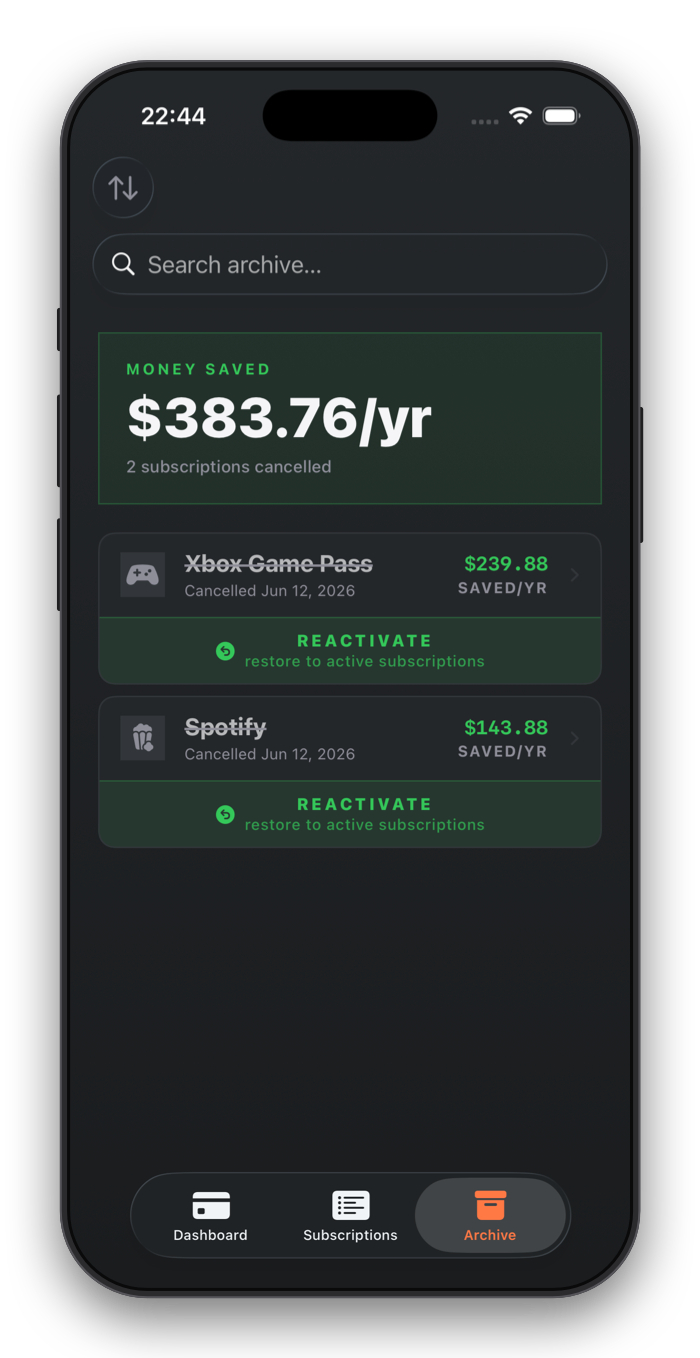 Subtrax archive showing total money saved from cancelled subscriptions