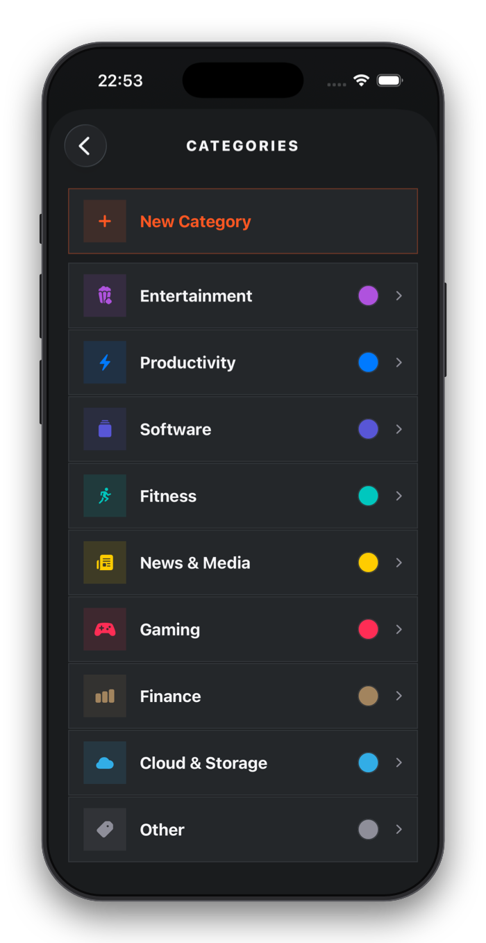 Subtrax categories screen with custom icons and colors