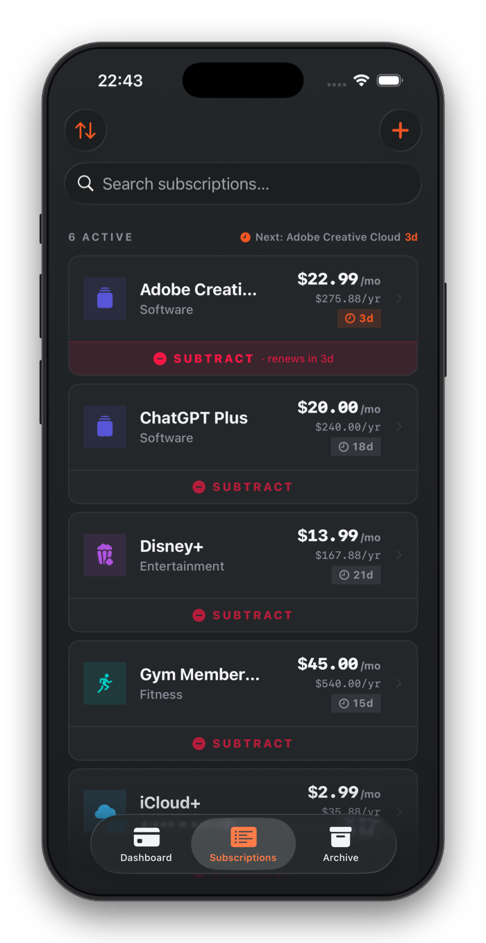 Subtrax subscriptions list with the next renewal shown at the top